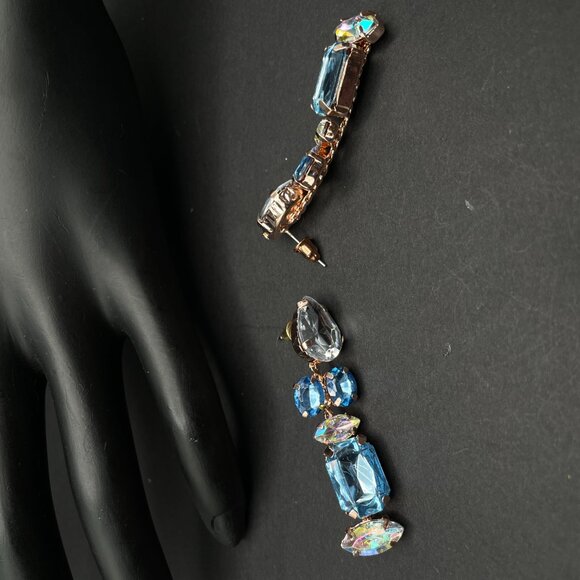 Vintage Blue Aurora Borealis Rhinestone Dangle Pierced Earrings Rose Gold Tone - Picture 8 of 9